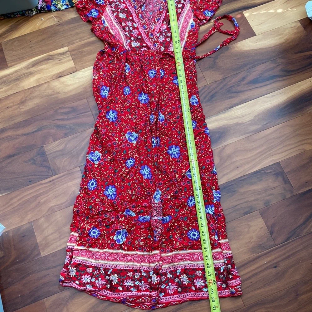 Beautiful front wrap red maxi dress purple flowers Size S